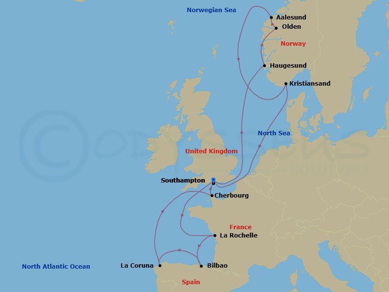 14 Night - Northern Europe - MSC Virtuosa - Starting in Southampton (London), United Kingdom, Haugesund, Norway, Olden, Norway, Alesund, Norway, Kristiansand, Norway, Southampton (London), United Kingdom, La Rochelle, France, Bilbao, Spain, La Coruna (Santiago De Compostela), Spain, Cherbourg (Mont Saint-Michel), France, Southampton (London), United Kingdom itinerary map