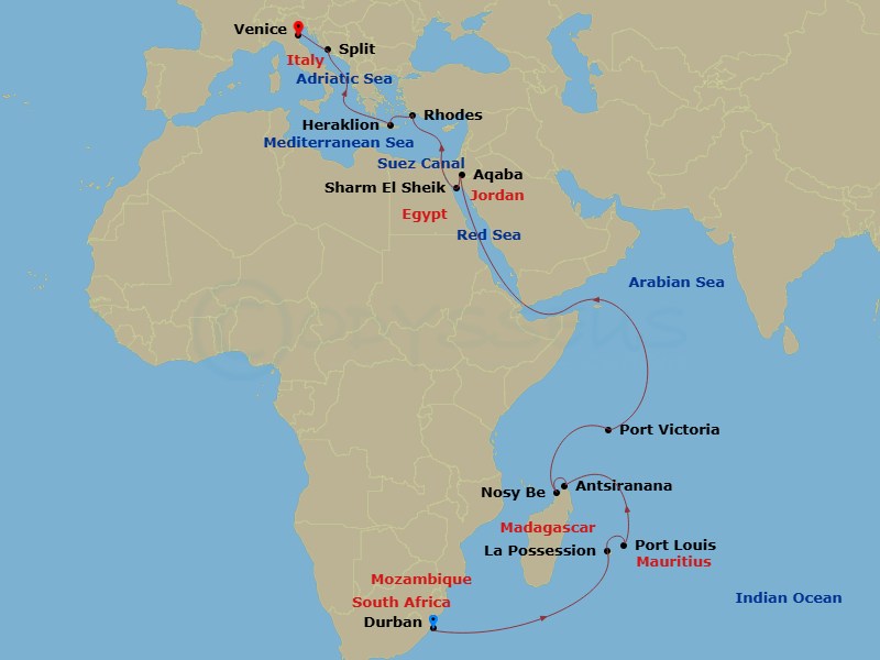 26 Night - Msc Grand Voyages - MSC Armonia - Starting in Durban, South Africa, La Possession, Reunion, Port Louis, Mauritius, Antsiranana (Diego Suarez), Madagascar, Nosy Be, Madagascar, Port Victoria, Seychelles, Aqaba (Petra), Jordan, Sharm El-Sheikh, Egypt, Suez Canal (Transit), Egypt, Rhodes (Lindos), Greece, Heraklion (Crete), Greece, Split, Croatia, Venice / Marghera, Italy itinerary map