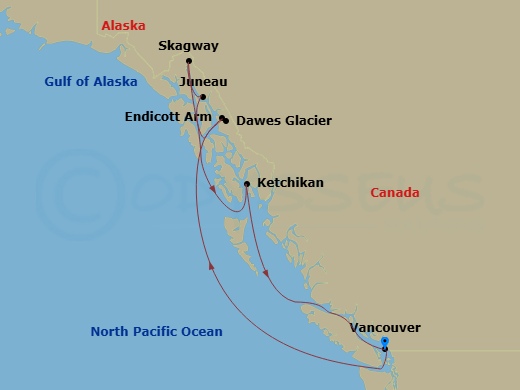 Discovery Princess - 9 Night - Inside Passage (Roundtrip Vancouver) - Discovery Princess - Starting in Vancouver, Canada, Hubbard Glacier (Scenic Cruising), Alaska, Glacier Bay Na.. itinerary map