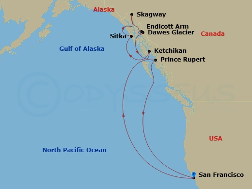 Ruby Princess - 10 Night - Inside Passage (Roundtrip San Francisco) - Ruby Princess - Starting in San Francisco, California, Ketchikan, Alaska, Sitka, Alaska, Skagway, Alaska.. itinerary map