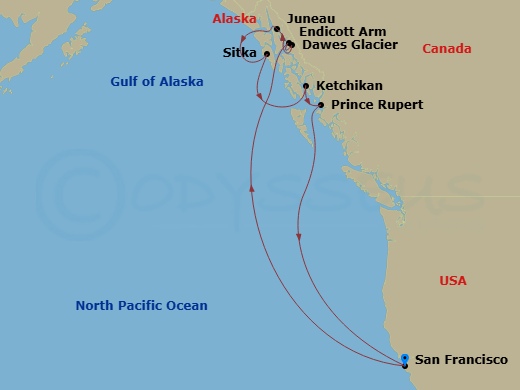 Ruby Princess - 10 Night - Inside Passage (Roundtrip San Francisco) - Ruby Princess - Starting in San Francisco, California, Endicott Arm and Dawes Glacier (Scenic Cruising),.. itinerary map