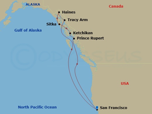 Ruby Princess - 10 Night - Inside Passage (Roundtrip San Francisco) - Ruby Princess - Starting in San Francisco, California, Tracy Arm Fjord (Scenic Cruising), Alaska, Haines.. itinerary map