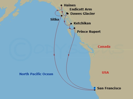 Ruby Princess - 10 Night - Inside Passage (Roundtrip San Francisco) - Ruby Princess - Starting in San Francisco, California, Sitka, Alaska, Haines, Alaska, Endicott Arm and D.. itinerary map