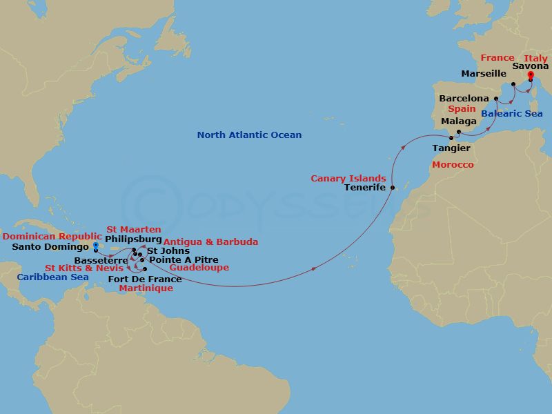 Costa Favolosa - 20 Night - Transatlantic from Santo Domingo - Costa Favolosa - Starting in Santo Domingo, St Maarten (Philipsburg), Fort-de-France, Pointe-a-Pitre, Basseterre.. itinerary map