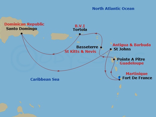 Costa Favolosa - 7 Night - Western Caribbean from Fort De France - Costa Favolosa - Starting in Fort-de-France, Pointe-a-Pitre, Basseterre, Tortola (Road Harbour), Santo Domin.. itinerary map