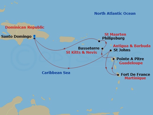 Costa Favolosa - 7 Night - Western Caribbean from Santo Domingo - Costa Favolosa - Starting in Santo Domingo, St Johns AG, Antigua, Fort-de-France, Pointe-a-Pitre, Basseterre,.. itinerary map