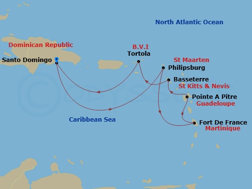 Costa Favolosa - 7 Night - Western Caribbean from Santo Domingo - Costa Favolosa - Starting in Santo Domingo, St Maarten (Philipsburg), Fort-de-France, Pointe-a-Pitre, Bassete.. itinerary map