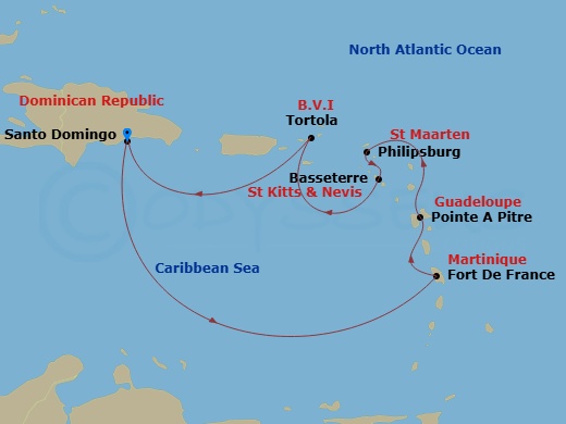 Costa Favolosa - 7 Night - Western Caribbean from Santo Domingo - Costa Favolosa - Starting in Santo Domingo, Fort-de-France, Pointe-a-Pitre, St Maarten (Philipsburg), Bassete.. itinerary map