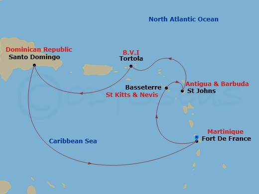 Costa Favolosa - 6 Night - Western Caribbean from Fort De France - Costa Favolosa - Starting in Fort-de-France, Basseterre, St Johns AG, Antigua, Tortola (Road Harbour), Santo.. itinerary map