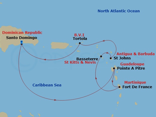 Costa Favolosa - 7 Night - Western Caribbean from Santo Domingo - Costa Favolosa - Starting in Santo Domingo, Pointe-a-Pitre, Fort-de-France, Basseterre, St Johns AG, Antigua,.. itinerary map