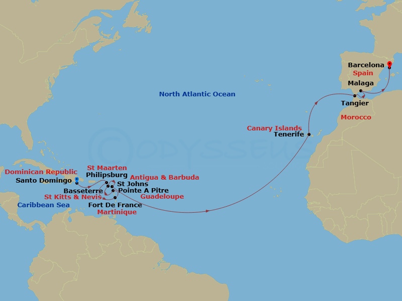 Costa Favolosa - 18 Night - Transatlantic from Santo Domingo - Costa Favolosa - Starting in Santo Domingo, St Maarten (Philipsburg), Fort-de-France, Pointe-a-Pitre, Basseterre.. itinerary map