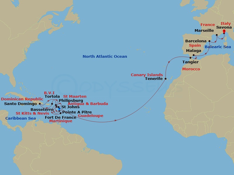 Costa Favolosa - 23 Night - Transatlantic from Pointe a Pitre - Costa Favolosa - Starting in Pointe-a-Pitre, Basseterre, Tortola (Road Harbour), Santo Domingo, St Maarten (Phi.. itinerary map