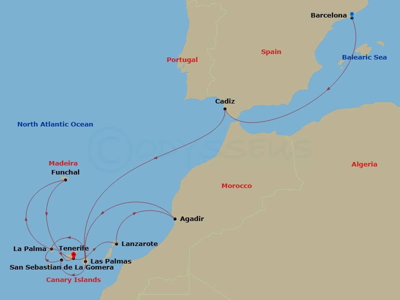 Costa Fortuna - 14 Night - Western Mediterranean from Barcelona - Costa Fortuna - Starting in Barcelona, Cadice, Las Palmas, San Sebastian de la Gomera, Santa Cruz de La Palm.. itinerary map