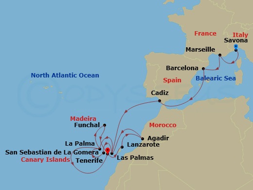 Costa Fortuna - 16 Night - Western Mediterranean from Savona - Costa Fortuna - Starting in Savona, Marseille, Barcelona, Cadice, Las Palmas, San Sebastian de la Gomera, Santa.. itinerary map