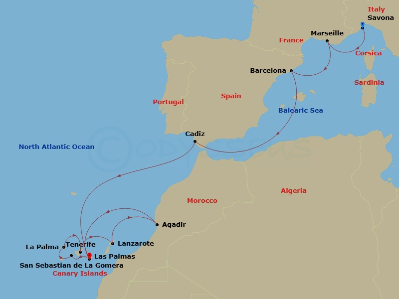 Costa Fortuna - 13 Night - Western Mediterranean from Savona - Costa Fortuna - Starting in Savona, Marseille, Barcelona, Cadice, Las Palmas, San Sebastian de la Gomera, Santa.. itinerary map