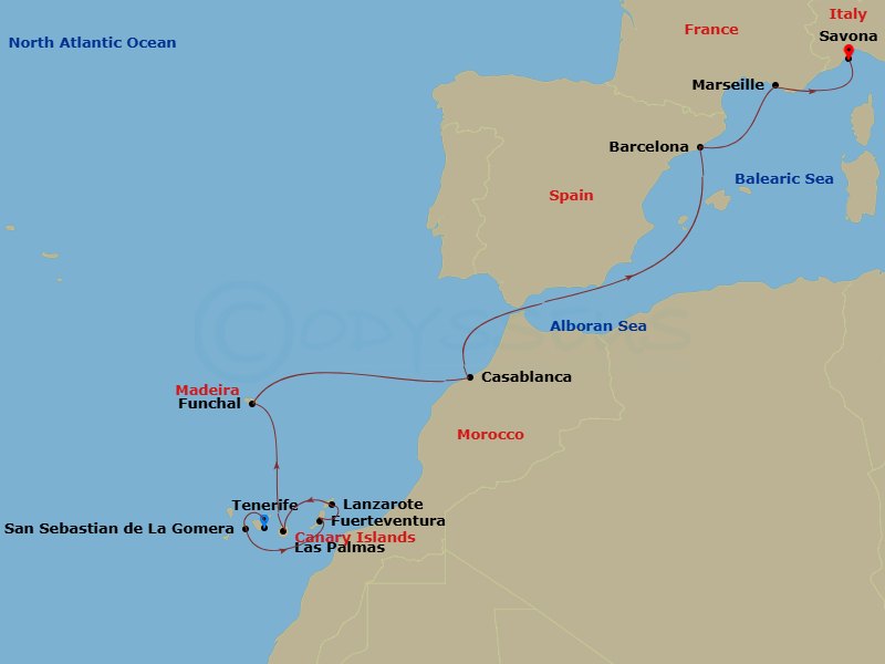Costa Fortuna - 12 Night - Western Mediterranean from S. Cruz De Tenerife - Costa Fortuna - Starting in Santa Cruz de Tenerife, San Sebastian de la Gomera, Fuerteventura, Arr.. itinerary map