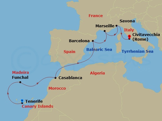 Costa Fortuna - 8 Night - Western Mediterranean from S. Cruz De Tenerife - Costa Fortuna - Starting in Santa Cruz de Tenerife, Funchal, Casablanca, Barcelona, Marseille, Savo.. itinerary map