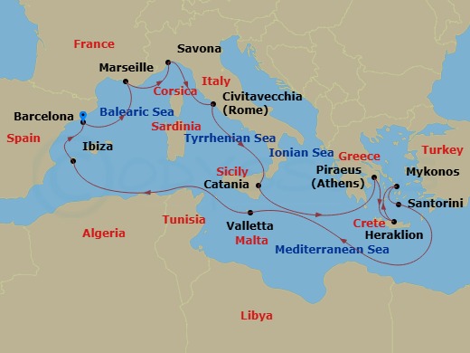 Costa Fascinosa - 14 Night - Western Mediterranean from Barcelona - Costa Fascinosa - Starting in Barcelona, Marseille, Savona, Civitavecchia, Catania, Athens (Piraeus), Herakl.. itinerary map