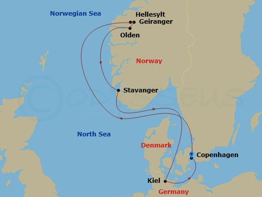 Costa Diadema - 7 Night - North Europe from Copenhagen - Costa Diadema - Starting in Copenhagen, Hellesylt Tech Call, Geiranger, Norway, Olden, Stavanger, Kiel, Copenhagen itinerary map