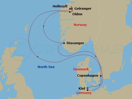 Costa Diadema - 7 Night - North Europe from Kiel - Costa Diadema - Starting in Kiel, Copenhagen, Hellesylt Tech Call, Geiranger, Norway, Olden, Stavanger, Kiel itinerary map