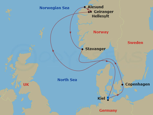 Costa Diadema - 7 Night - North Europe from Kiel - Costa Diadema - Starting in Kiel, Copenhagen, Hellesylt Tech Call, Geiranger, Norway, Alesund, Stavanger, Kiel itinerary map