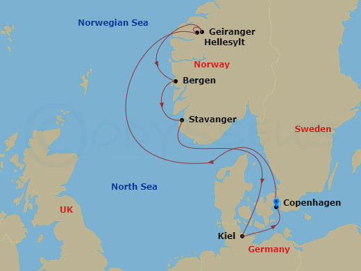 Costa Diadema - 7 Night - North Europe from Copenhagen - Costa Diadema - Starting in Copenhagen, Hellesylt Tech Call, Geiranger, Norway, Bergen, Stavanger, Kiel, Copenhagen itinerary map