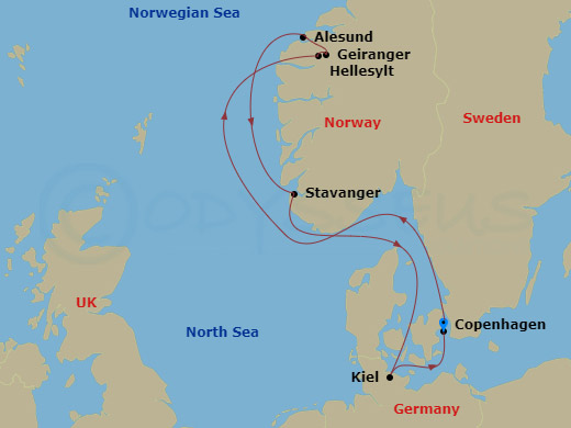 Costa Diadema - 7 Night - North Europe from Copenhagen - Costa Diadema - Starting in Copenhagen, Hellesylt Tech Call, Geiranger, Norway, Alesund, Stavanger, Kiel, Copenhagen itinerary map