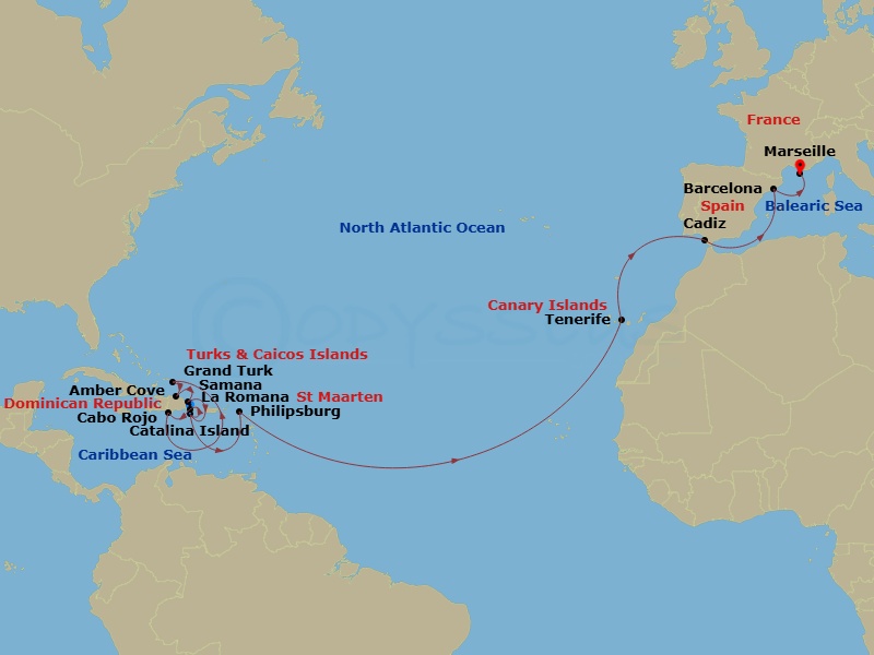 Costa Pacifica - 21 Night - Transatlantic from Casa De Campo / La Romana - Costa Pacifica - Starting in Casa De Campo / La Romana, Catalina Island, Cabo Rojo, Grand Turks, Amb.. itinerary map