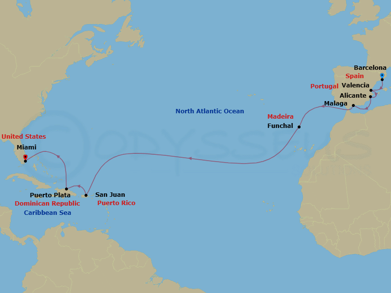 15 Night - Fall Caribbean Passage - Oceania Marina - Starting in Barcelona, Valencia, Alicante, Malaga, Funchal (Madeira), San Juan, Puerto Plata, Dominican Republic, Miami itinerary map