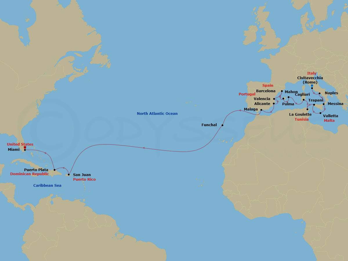 25 Night - Europe to the Caribbean - Oceania Marina - Starting in Rome (Civitavecchia), Naples / Pompeii, Messina (Sicily), Valletta, Trapani (Sicily), Tunis (La Goulette), Cagliari (Sardinia), Mahon (Menorca), Palma De Mallorca, Barcelona, Valencia, Alicante, Malaga, Funchal (Madeira), San Juan, Puerto Plata, Dominican Republic, Miami itinerary map