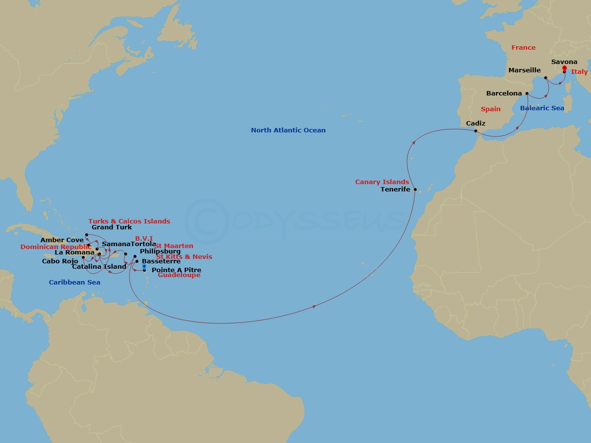Costa Pacifica - 25 Night - Transatlantic from Pointe a Pitre - Costa Pacifica - Starting in Pointe-a-Pitre, Basseterre, Tortola (Road Harbour), Casa De Campo / La Romana, Cat.. itinerary map