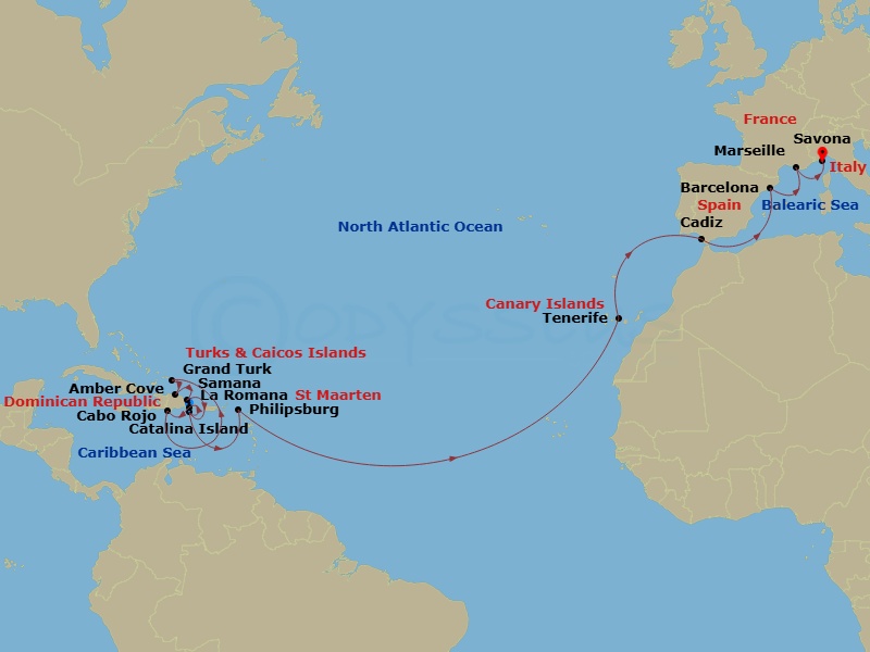 Costa Pacifica - 22 Night - Caribbean from La Romana to Savona - Costa Pacifica - Starting in Casa De Campo / La Romana, Catalina Island, Cabo Rojo, Grand Turks, Amber Cove, S.. itinerary map