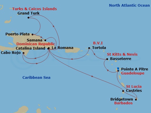 Costa Pacifica - 14 Night - Western Caribbean from Pointe a Pitre - Costa Pacifica - Starting in Pointe-a-Pitre, Basseterre, Tortola (Road Harbour), Casa De Campo / La Romana,.. itinerary map