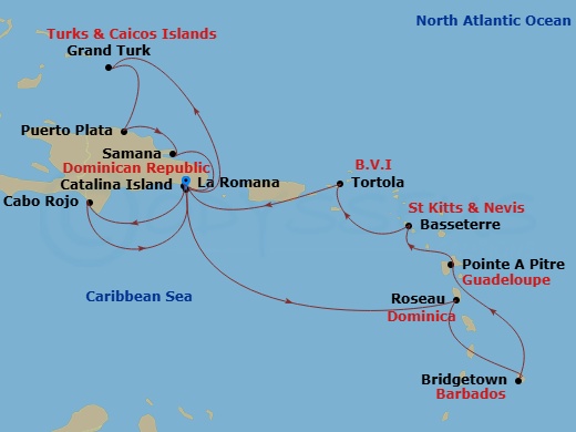 Costa Pacifica - 14 Night - Western Caribbean from Casa De Campo / La Romana - Costa Pacifica - Starting in Casa De Campo / La Romana, Dominica (Roseau), Bridgetown, Barbados,.. itinerary map
