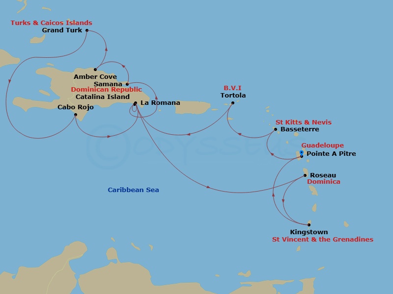 Costa Pacifica - 14 Night - Western Caribbean from Pointe a Pitre - Costa Pacifica - Starting in Pointe-a-Pitre, Basseterre, Tortola (Road Harbour), Casa De Campo / La Romana,.. itinerary map
