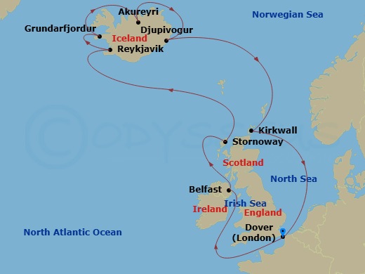 Carnival Legend - 12 Night - Iceland & British Isles - Carnival Legend - Starting in Dover UK (London), England, Belfast, Northern Ireland, Stornoway, Scotland, Uk, Reykjavik,.. itinerary map