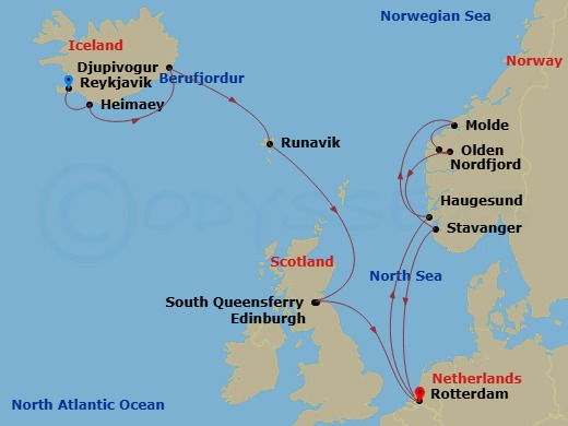 HAL Rotterdam - 14 Night - Scotland with Norwegian Fjords Collectors' Voyage - HAL Rotterdam - Starting in Reykjavik, Iceland, Heimaey, Westman Islands, Iceland, Djupivogur,.. itinerary map