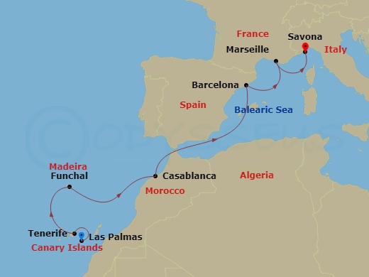 Costa Fortuna - 8 Night - Western Mediterranean from Las Palmas - Costa Fortuna - Starting in Las Palmas, Santa Cruz de Tenerife, Funchal, Casablanca, Barcelona, Marseille, S.. itinerary map