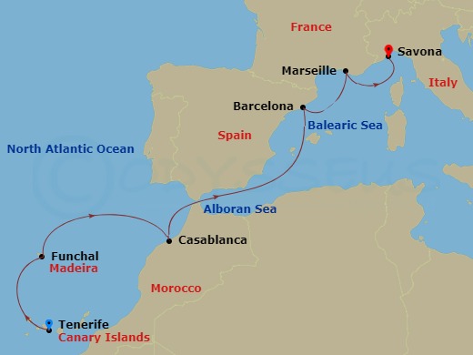 Costa Fortuna - 7 Night - Western Mediterranean from S. Cruz De Tenerife - Costa Fortuna - Starting in Santa Cruz de Tenerife, Funchal, Casablanca, Barcelona, Marseille, Savona itinerary map