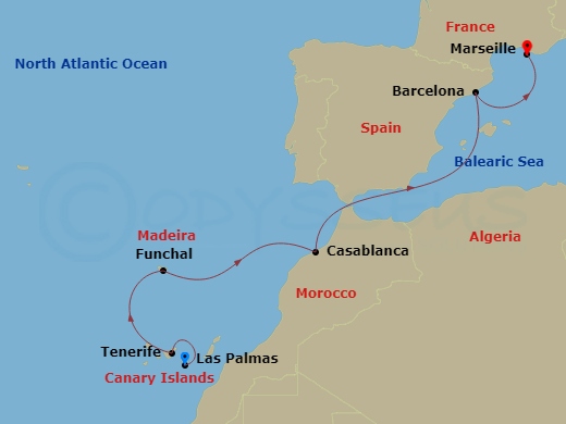 Costa Fortuna - 7 Night - Western Mediterranean from Las Palmas - Costa Fortuna - Starting in Las Palmas, Santa Cruz de Tenerife, Funchal, Casablanca, Barcelona, Marseille itinerary map