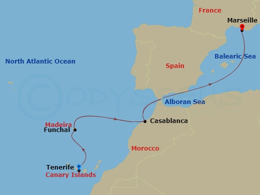 Costa Fortuna - 6 Night - Western Mediterranean from S. Cruz De Tenerife - Costa Fortuna - Starting in Santa Cruz de Tenerife, Funchal, Casablanca, Barcelona, Marseille itinerary map