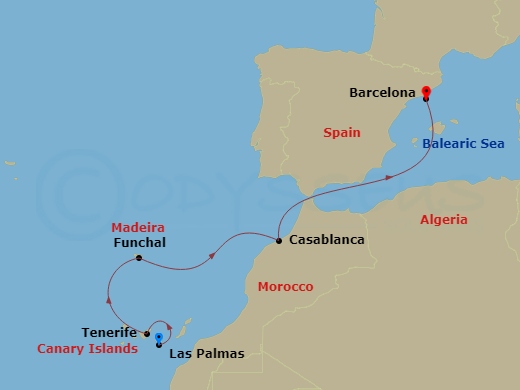 Costa Fortuna - 6 Night - Western Mediterranean from Las Palmas - Costa Fortuna - Starting in Las Palmas, Santa Cruz de Tenerife, Funchal, Casablanca, Barcelona itinerary map