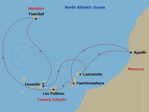 Costa Fortuna - 7 Night - Western Mediterranean from S. Cruz De Tenerife - Costa Fortuna - Starting in Santa Cruz de Tenerife, Arrecife (Lanzarote), Agadir, Fuerteventura, La.. itinerary map