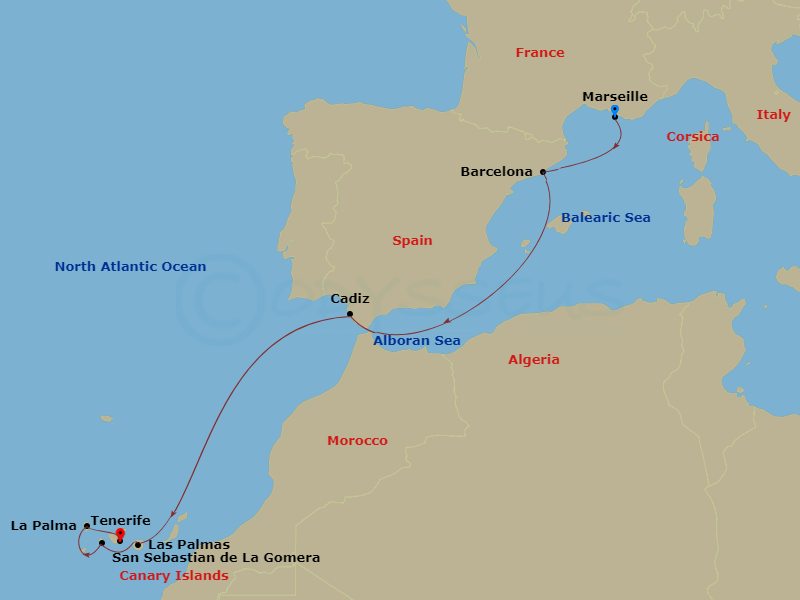 Costa Fortuna - 8 Night - Western Mediterranean from Marseille - Costa Fortuna - Starting in Marseille, Barcelona, Cadice, Las Palmas, San Sebastian de la Gomera, Santa Cruz.. itinerary map