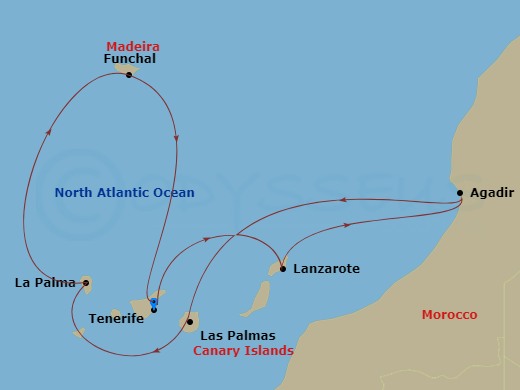 Costa Fortuna - 7 Night - Western Mediterranean from S. Cruz De Tenerife - Costa Fortuna - Starting in Santa Cruz de Tenerife, Arrecife (Lanzarote), Agadir, Las Palmas, Santa.. itinerary map