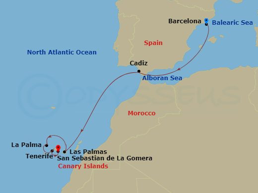 Costa Fortuna - 7 Night - Western Mediterranean from Barcelona - Costa Fortuna - Starting in Barcelona, Cadice, Las Palmas, San Sebastian de la Gomera, Santa Cruz de La Palma.. itinerary map