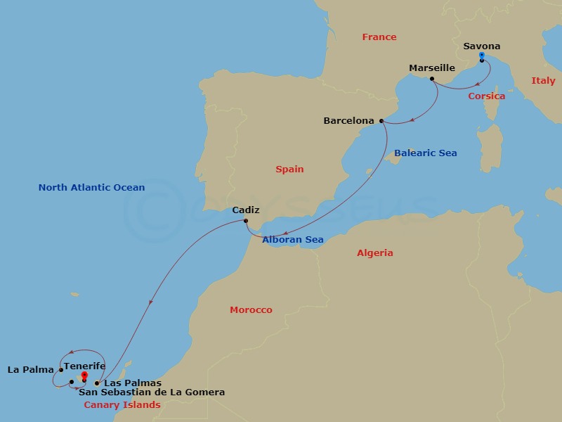 Costa Fortuna - 9 Night - Western Mediterranean from Savona - Costa Fortuna - Starting in Savona, Marseille, Barcelona, Cadice, Las Palmas, San Sebastian de la Gomera, Santa.. itinerary map
