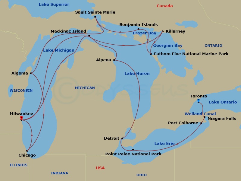 Viking Octantis - 16 Night - Niagara & Great Lakes Treasures - Viking Octantis - Starting in Toronto, Ontario, Welland Canal, Niagara Falls (Port Colborne), Ontario, Point Pele.. itinerary map