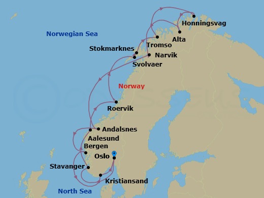 14 Night - The North Cape Line - MS Trollfjord - Starting in Oslo, Stavanger, Alesund, Rorvik, Svolvar, Stokmarknes, Tromso, Honningsvag, Alta, Narvik, Andalsnes, Bergen, Kristiansand, Oslo itinerary map