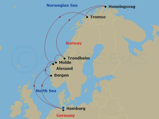 11 Night - Northern Europe - MSC Preziosa - Starting in Hamburg, Germany, Bergen, Norway, Molde, Trondheim, Norway, Honningsvag (North Cape), Norway, Tromso, Norway, Alesund, Norway, Hamburg, Germany itinerary map
